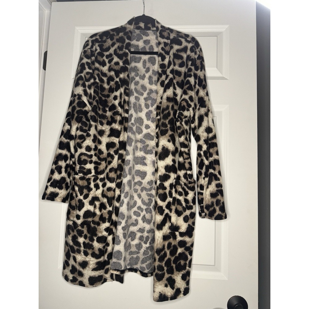 Bombom Leopard Print Open Front Cardigan Sweater With Pockets Xl Black Brown
